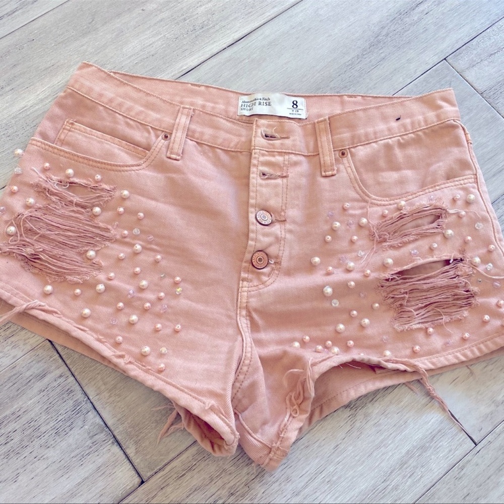 Abercrombie & Fitch Distressed Pink Shorts with Pearls and Crystals